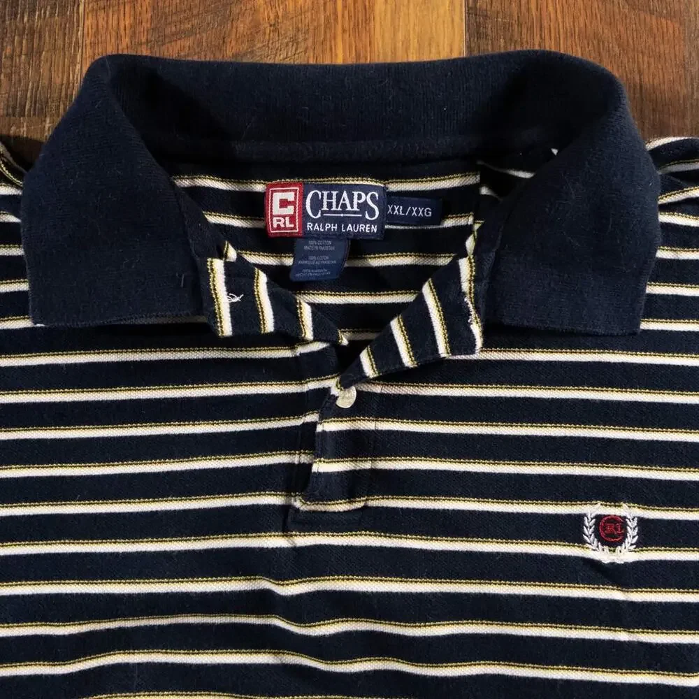 Vintage 90s Chaps Ralph Lauren Navy Gold Striped Polo Shirt Men's XXL